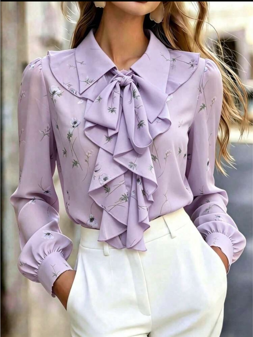 Elegant Purple Floral Ruffle Tie Neck Button Down Up Shirt Top Blouse